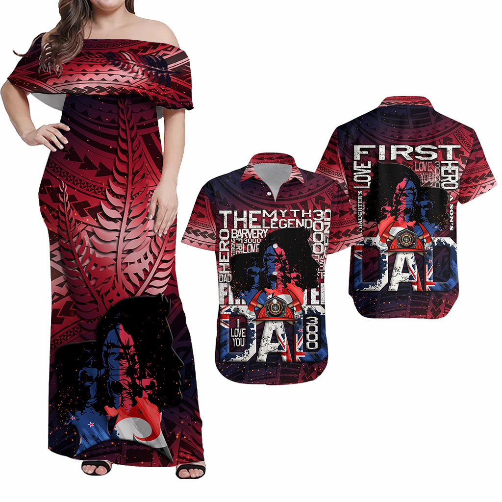 Red off-shoulder maxi dress and matching red Hawaiian-style button shirt, firefighter print