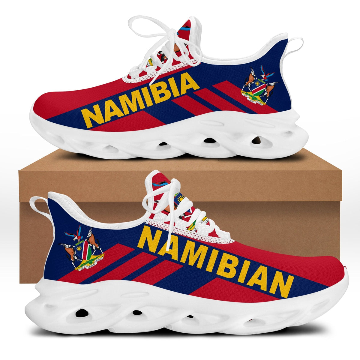 Chunky lace-up sneakers with Namibia striped graphic, red/blue upper, white sole