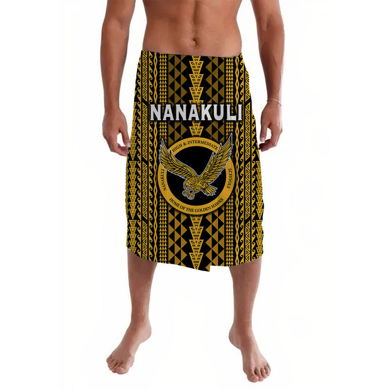 Yellow and black patterned lavalava skirt with school crest logo at center
