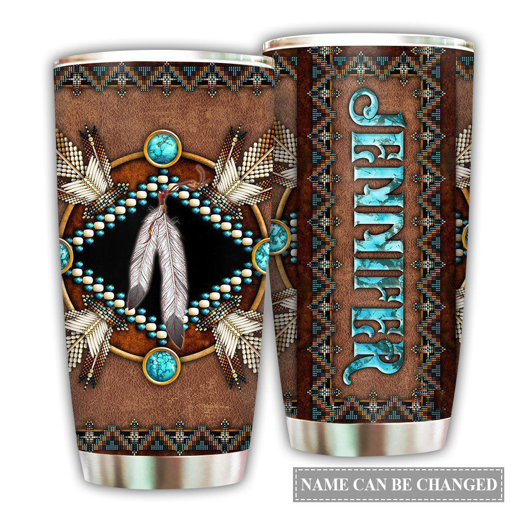 Personalized tumbler with turquoise bead-and-feather native-style design and silver rim