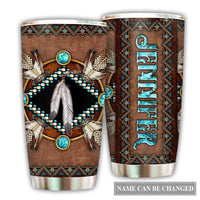Personalized tumbler with turquoise bead-and-feather native-style design and silver rim