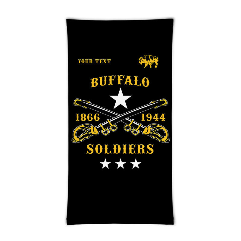 Black neck gaiter with “Your Text” and Buffalo Soldiers gold graphic