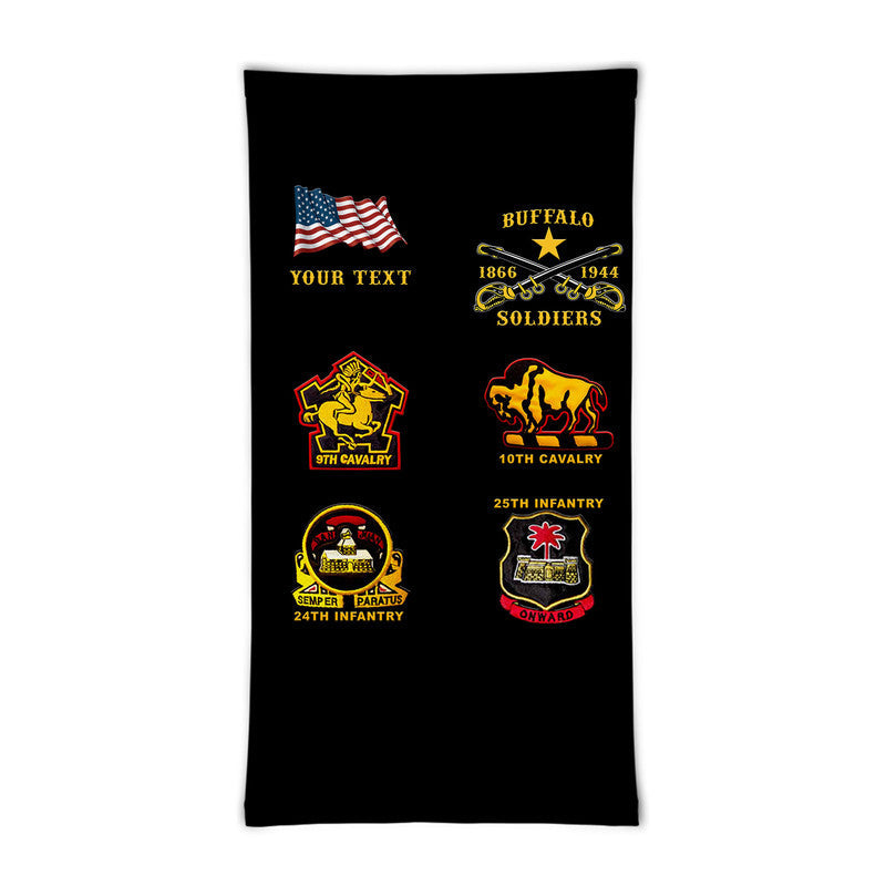 Black neck gaiter with Buffalo Soldiers 1866-1944 emblem and cavalry patch graphics