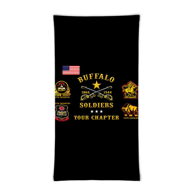 Black neck gaiter with Buffalo Soldiers graphic, US flag, badges and text