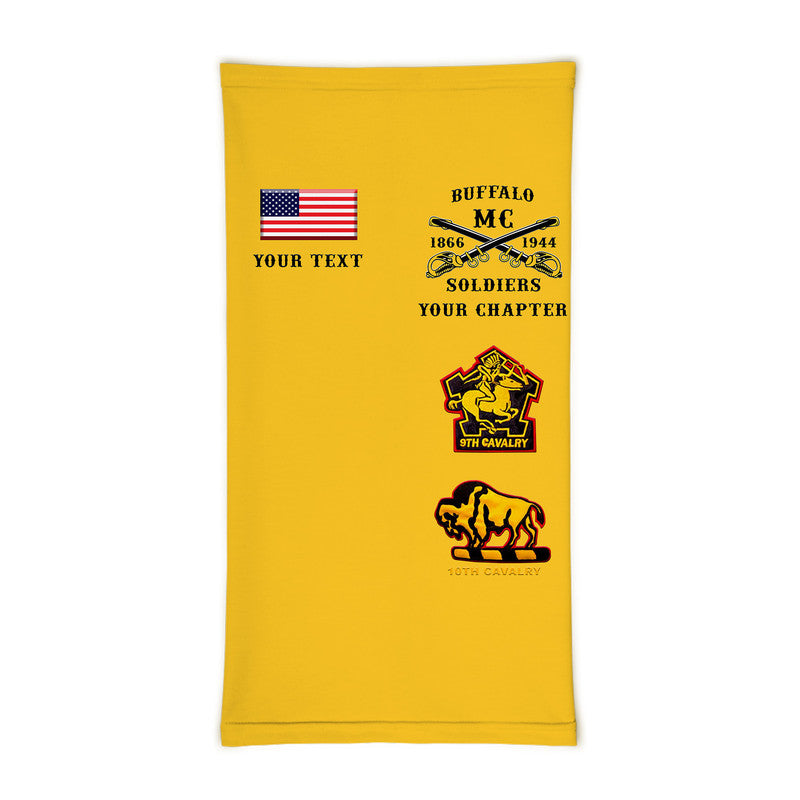 Gold neck gaiter with Buffalo Soldiers biker club graphics and custom text area