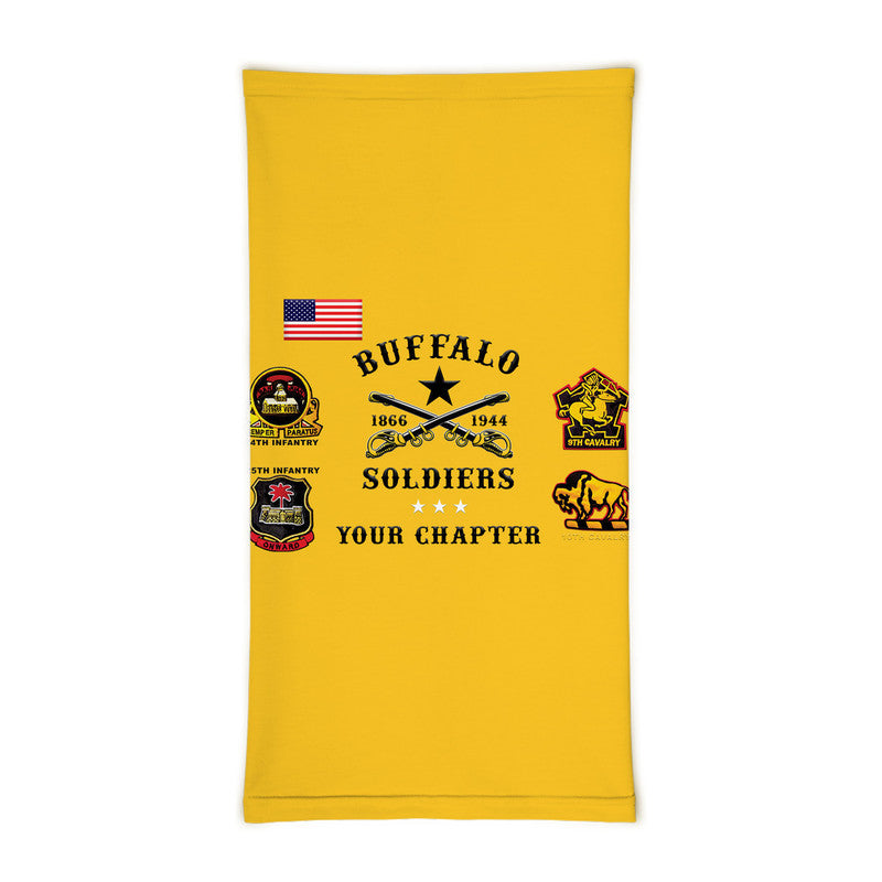 Gold neck gaiter with Buffalo Soldiers emblem and text on front