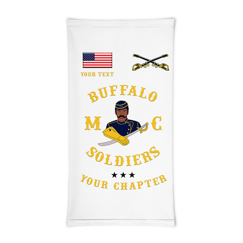 White motorcycle club neck gaiter with Buffalo Soldiers graphic and custom text