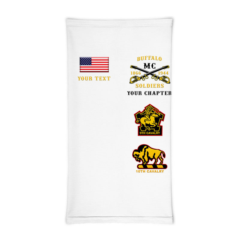 White neck gaiter with American flag, Buffalo Soldiers MC and cavalry patches
