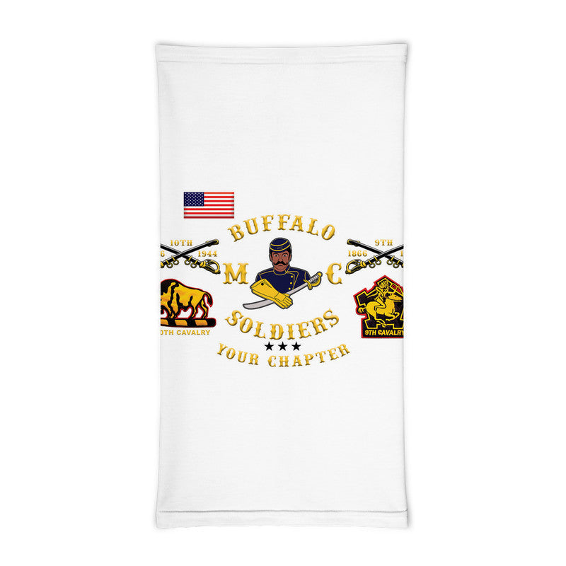 White neck gaiter with Buffalo Soldiers BSMC graphic and “Your Chapter” text
