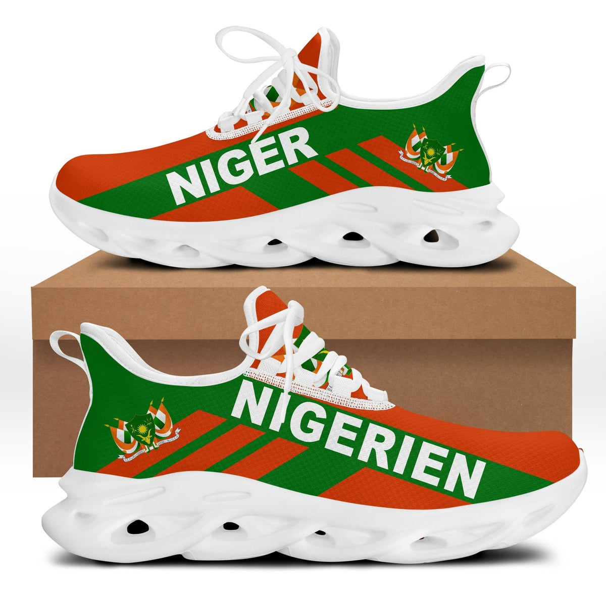 Clunky sneakers with Nigeria flag print, white sole, orange and green upper
