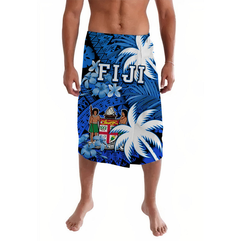Blue tropical print wrap skirt with palm leaves and emblem