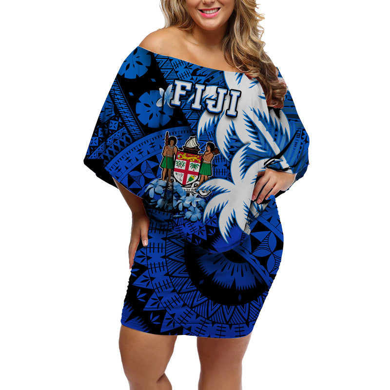 Off-shoulder short dress, blue geometric and floral graphic print, loose batwing sleeves