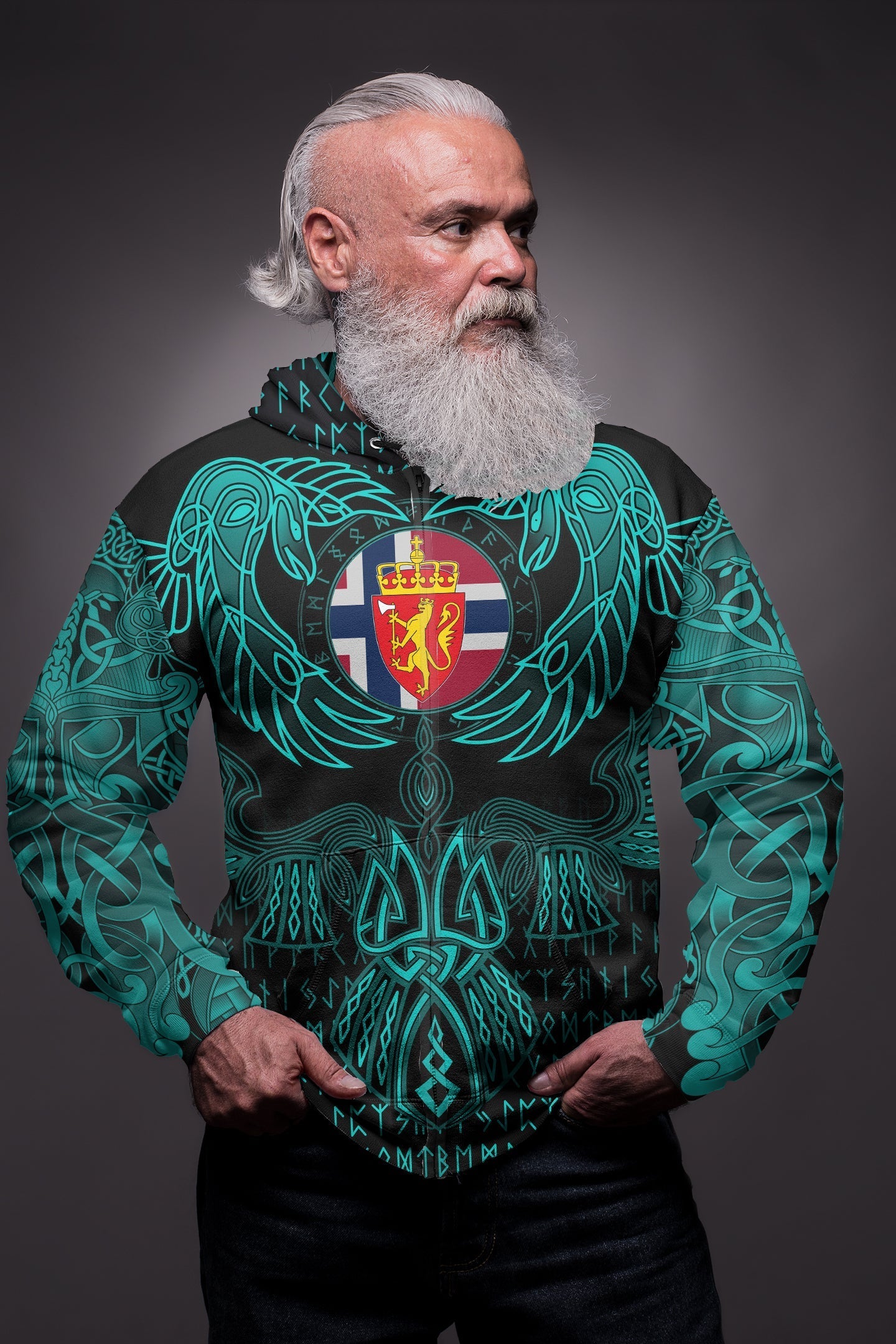 Viking Norway Zip Hoodie Valknut of Odin Cyan RLT12 - Wonder Print Shop