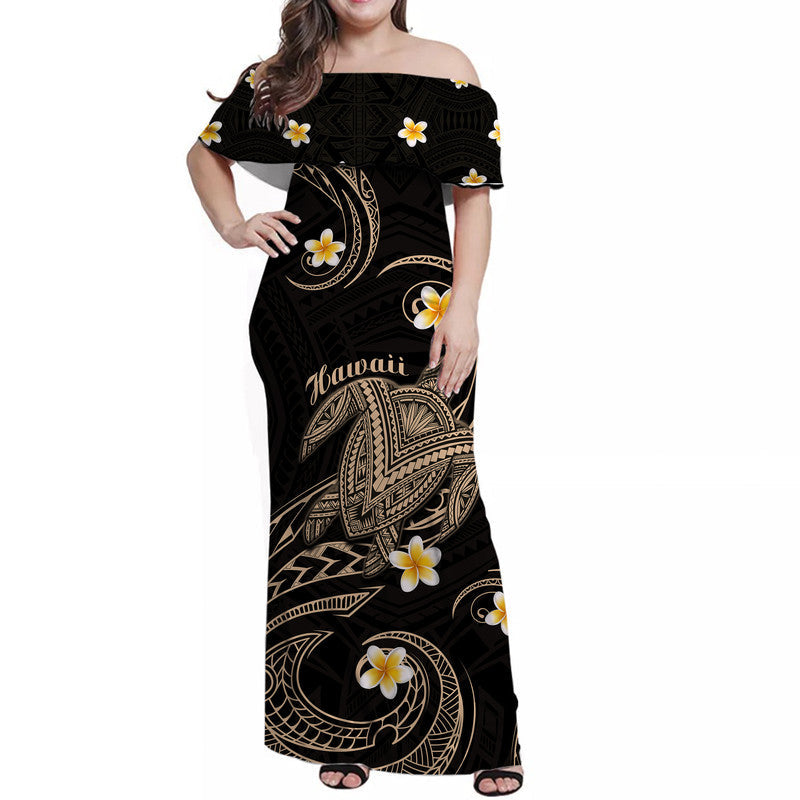 Off-shoulder long dress in black with gold tribal patterns and yellow plumeria flowers