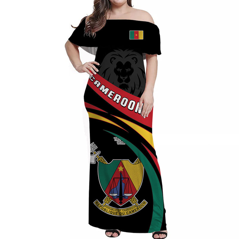 Black off-shoulder long dress with Cameroon crest and lion graphic