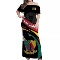 Black off-shoulder long dress with Cameroon crest and lion graphic