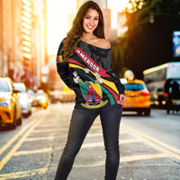 Black off-shoulder women’s sweater, full front view with Cameroon crest and stripes