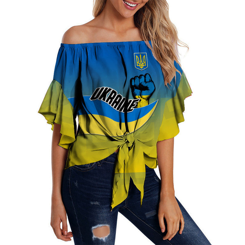 Women off-shoulder wrap waist top, blue/yellow flag print, flutter sleeves, tie front