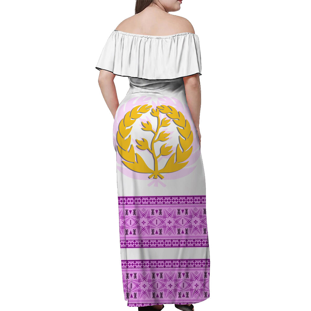 Women's back-view off-shoulder maxi dress, white with purple bands and tree artwork