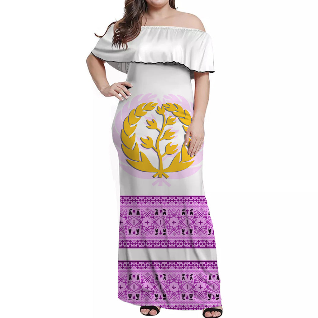 Women's off-shoulder long dress, white with purple geometric border and tree emblem