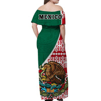 Off-shoulder long dress, green with red/white Aztec pattern and 'MEXICO' back print