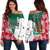 Red off-shoulder sweater, green/white/red Aztec pattern with Padre graphic