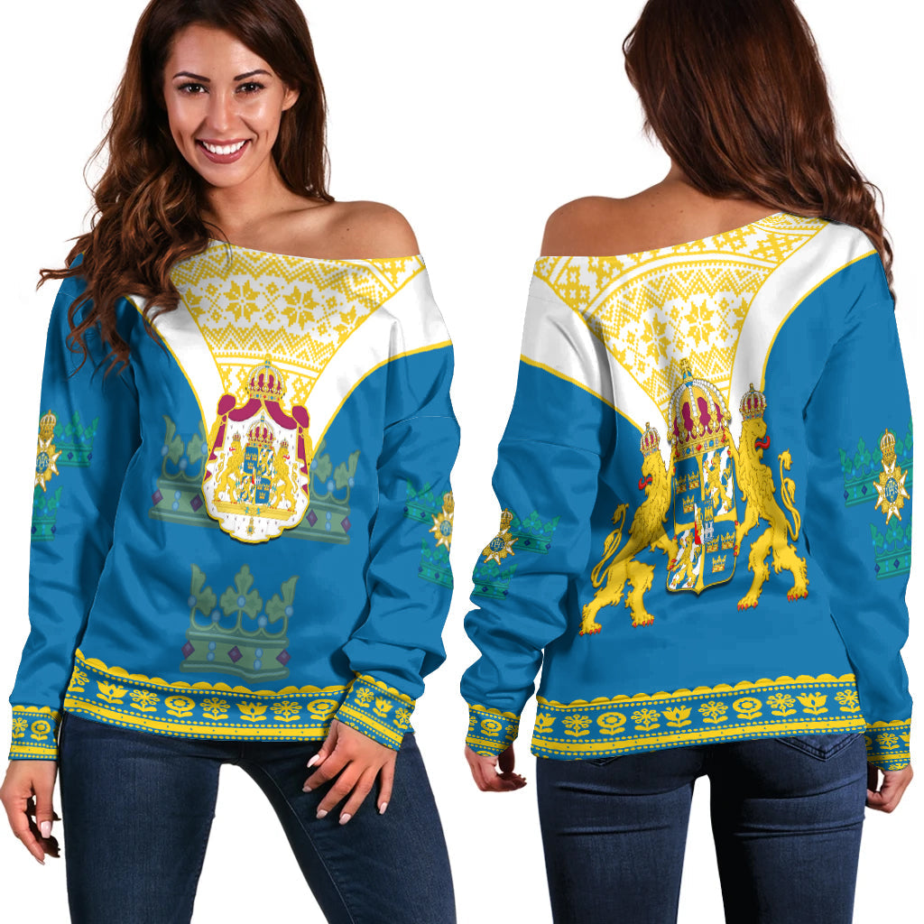 Sweden Off Shoulder Sweater Swedish Coat Of Arms With Scandinavian Flowers - Wonder Print Shop