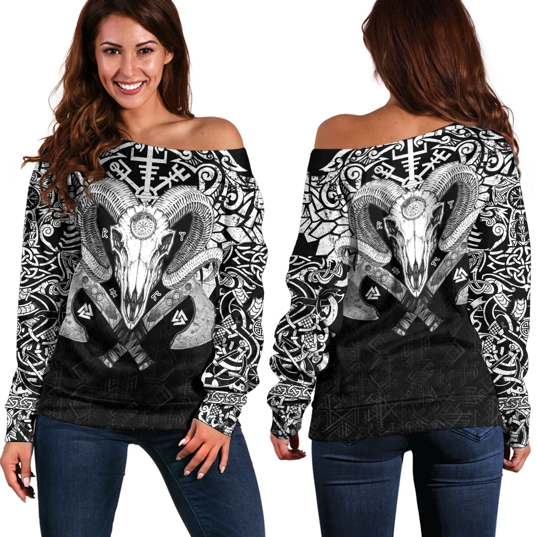 Viking Ram Skull Tattoo With Vegvisir and Valknut Off Shoulder Sweater RLT12 - Wonder Print Shop