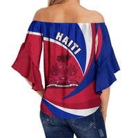 Off-shoulder top, Haiti flag print, HAITI text, red/blue, flared sleeves