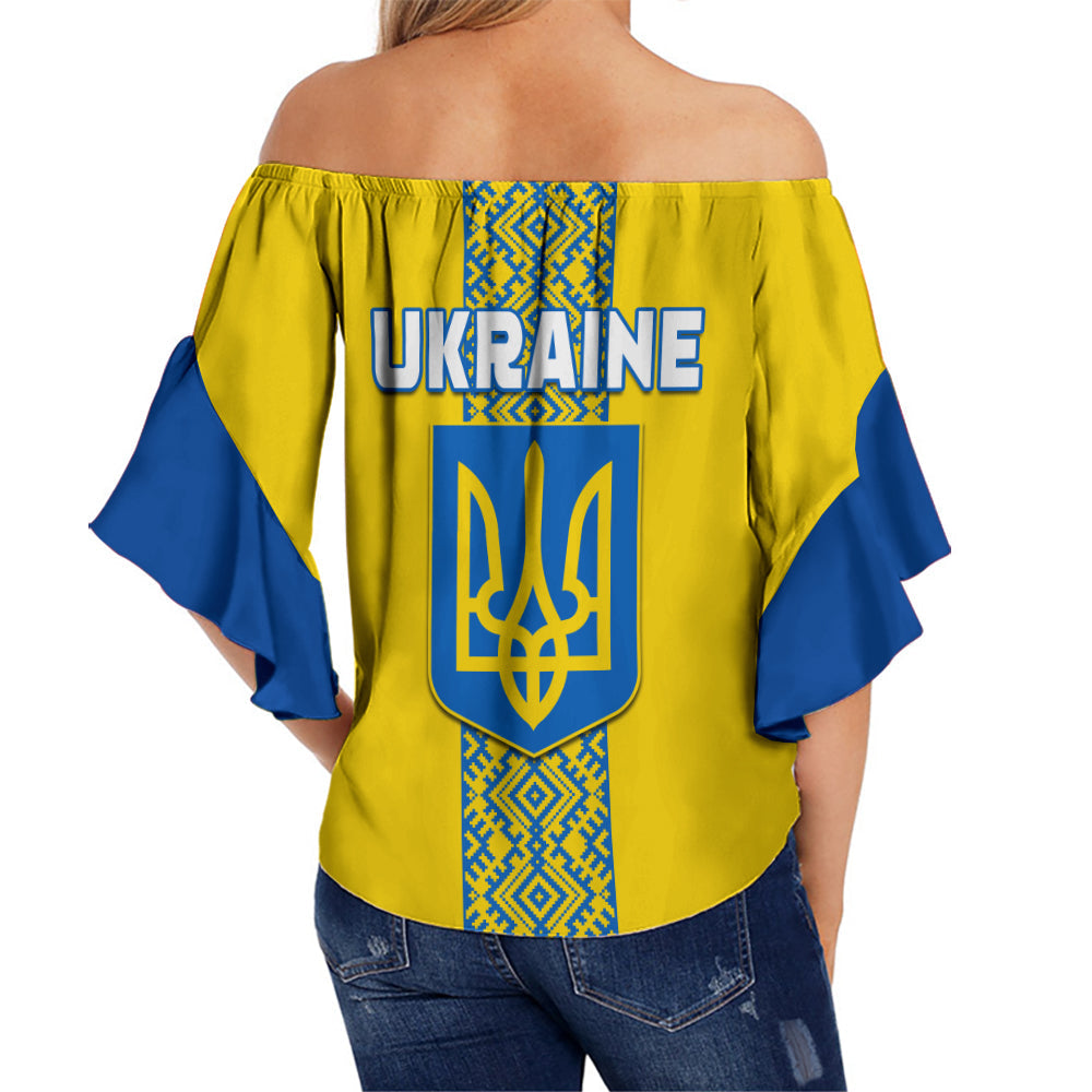 Women’s off-shoulder yellow back top with blue trident emblem and UKRAINE text
