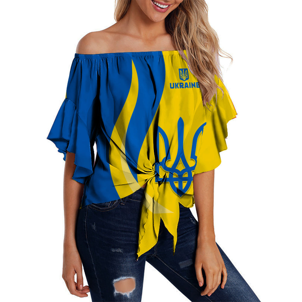 Women’s off-shoulder waist wrap top, blue and yellow flag print, flared sleeves