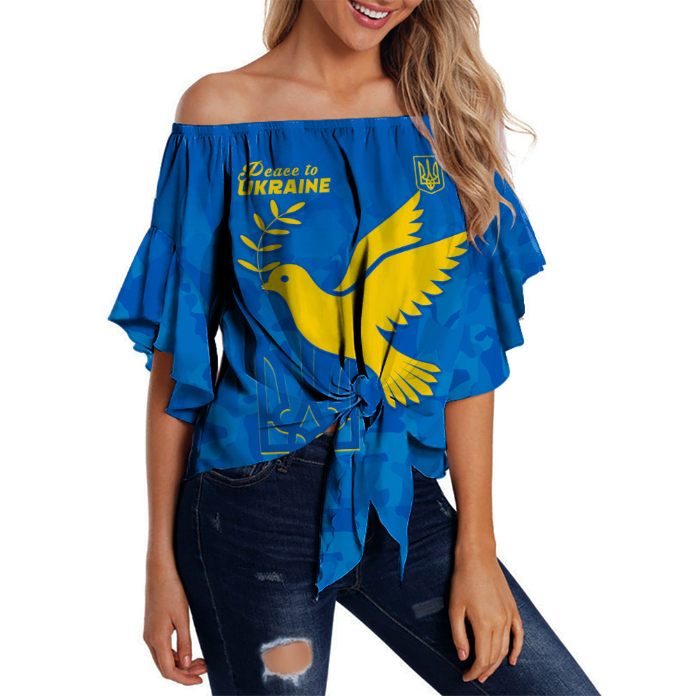 Women’s blue off-shoulder waist wrap top, ruffle short sleeves, front tie and Ukraine graphic