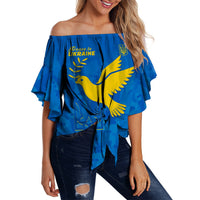 Women’s blue off-shoulder waist wrap top, ruffle short sleeves, front tie and Ukraine graphic