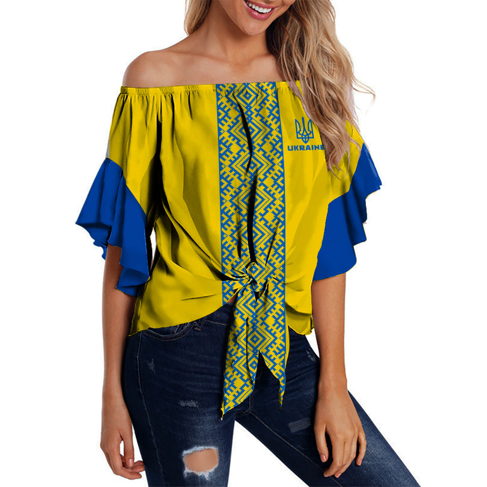 Women’s off-shoulder yellow waist wrap top with blue sleeves and Ukrainian pattern