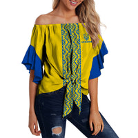 Women’s off-shoulder yellow waist wrap top with blue sleeves and Ukrainian pattern