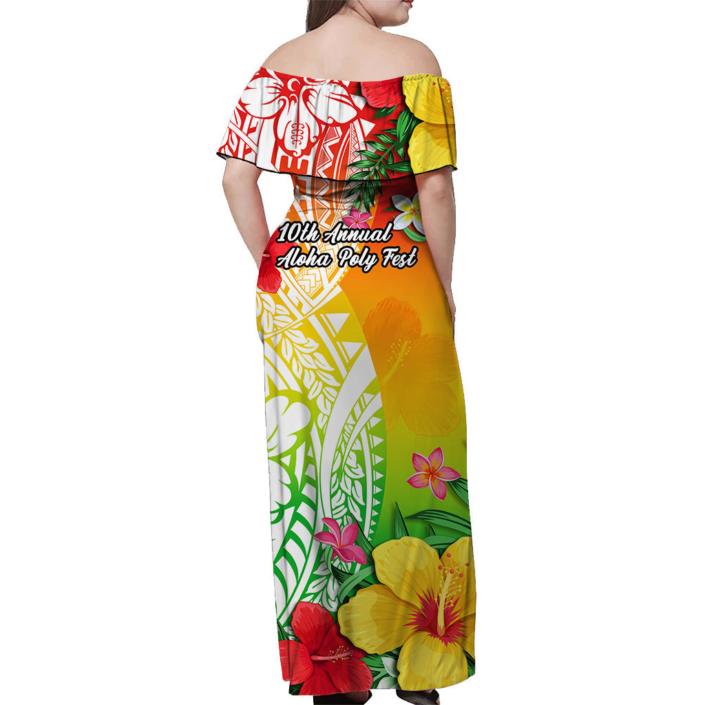 Women off-shoulder long dress with tropical floral print, red shoulder, yellow base