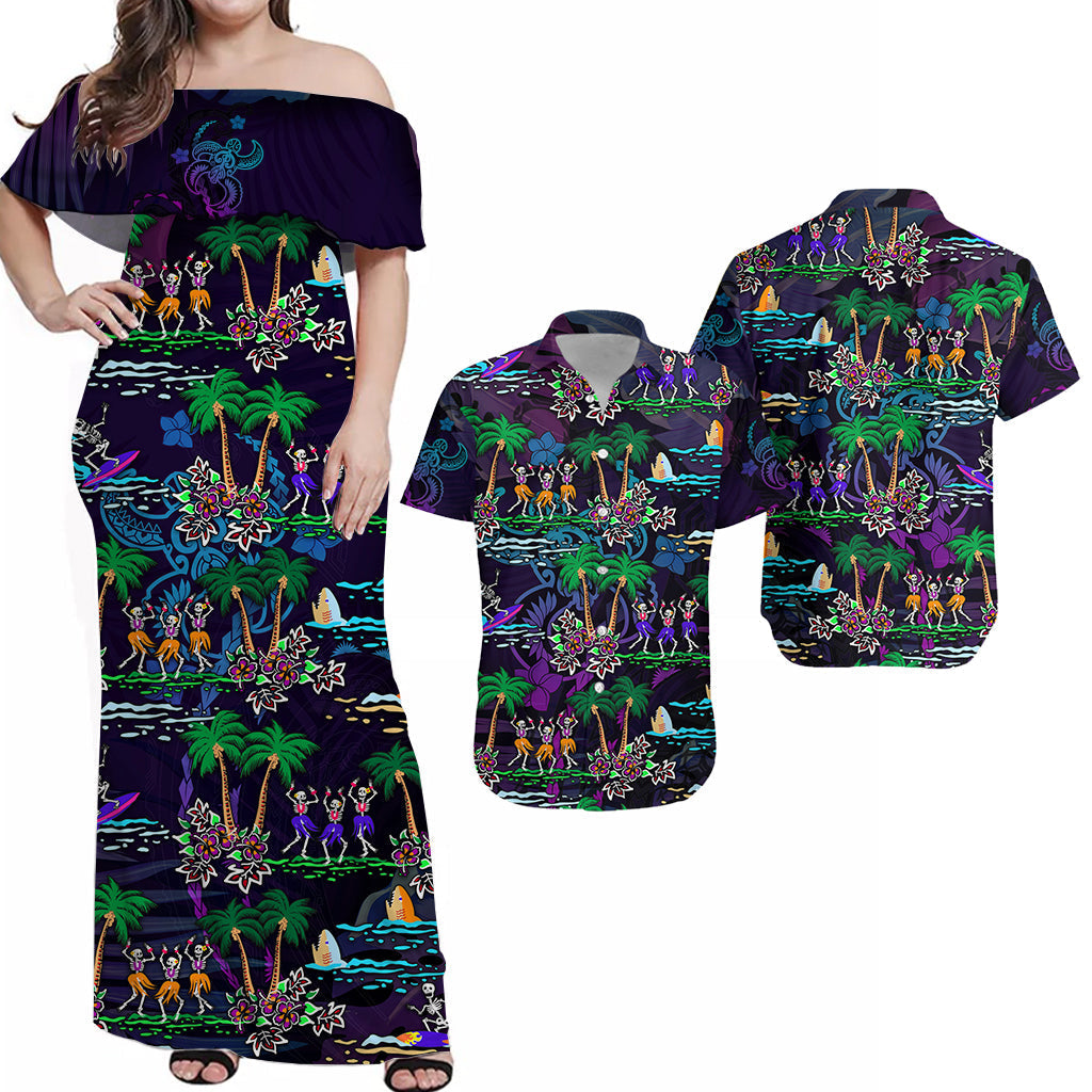 Purple off-shoulder Hawaiian maxi dress with skeleton dance, palms, flowers print