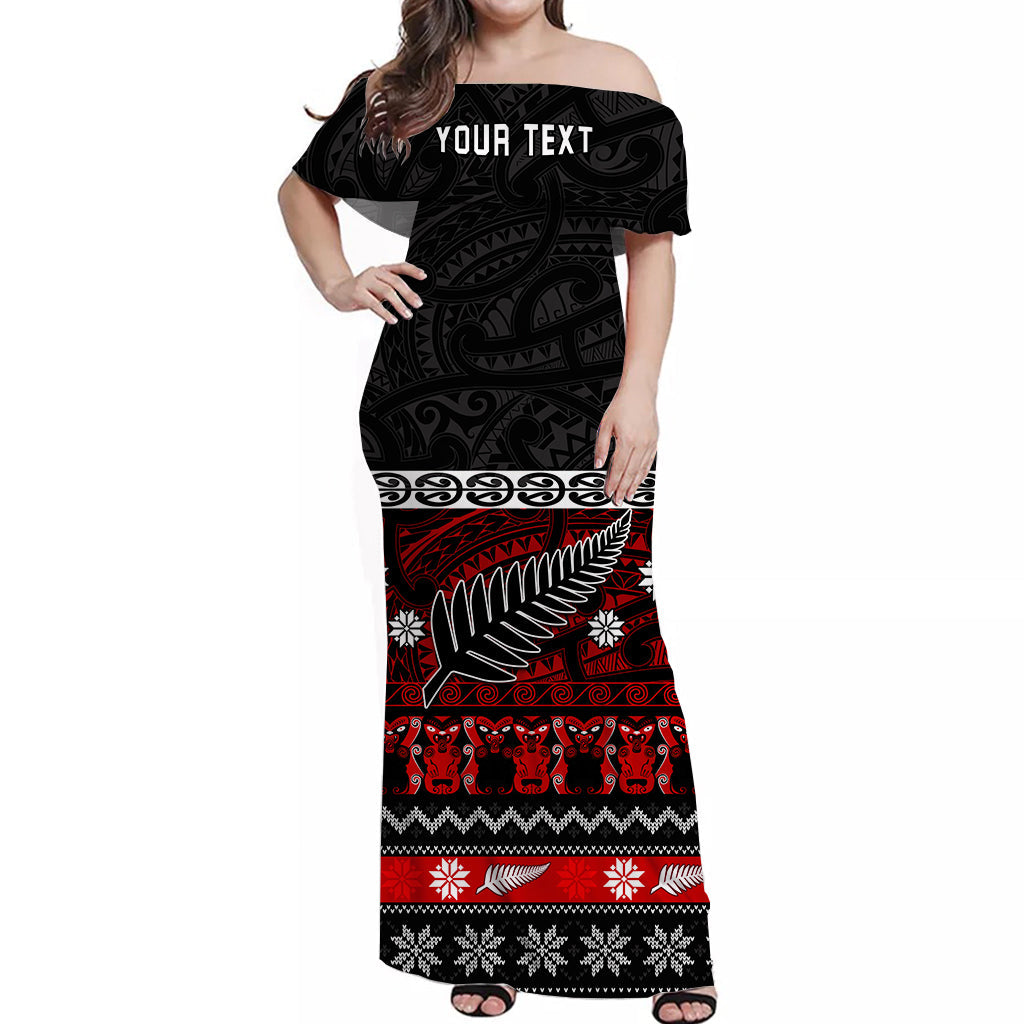 Off-shoulder long dress, black with red and white Maori-style fern print