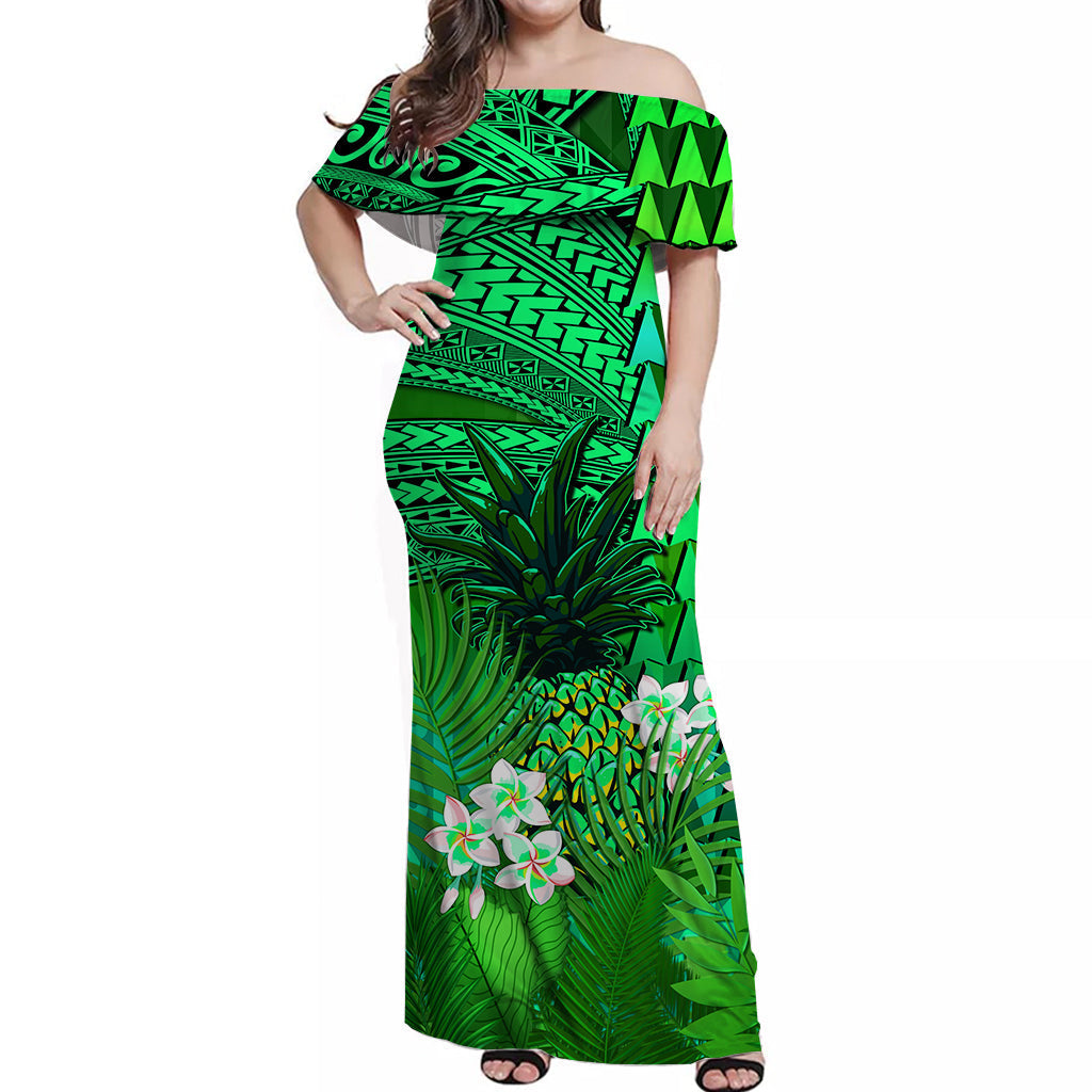 Green off-shoulder maxi dress for women with tribal pattern, palm leaves & plumeria