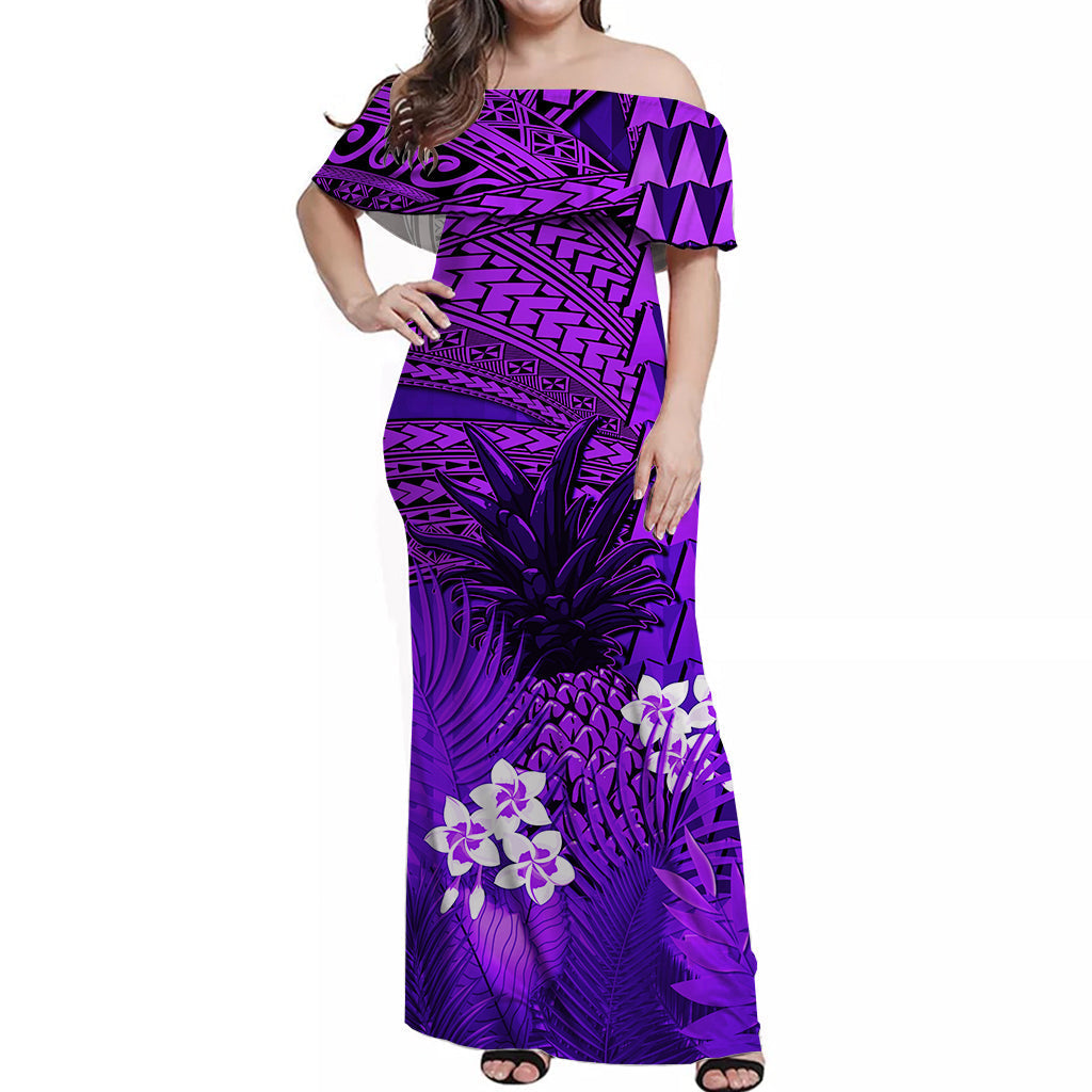 Purple off-shoulder long dress, tribal print with plumeria flowers and pineapple accents