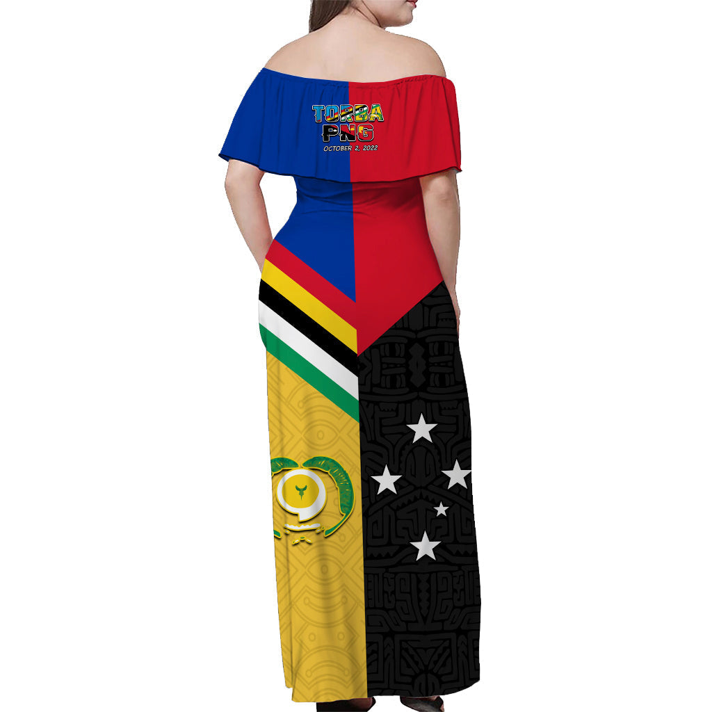 Women’s off-shoulder long dress, multicolor geometric Polynesian print, back logo