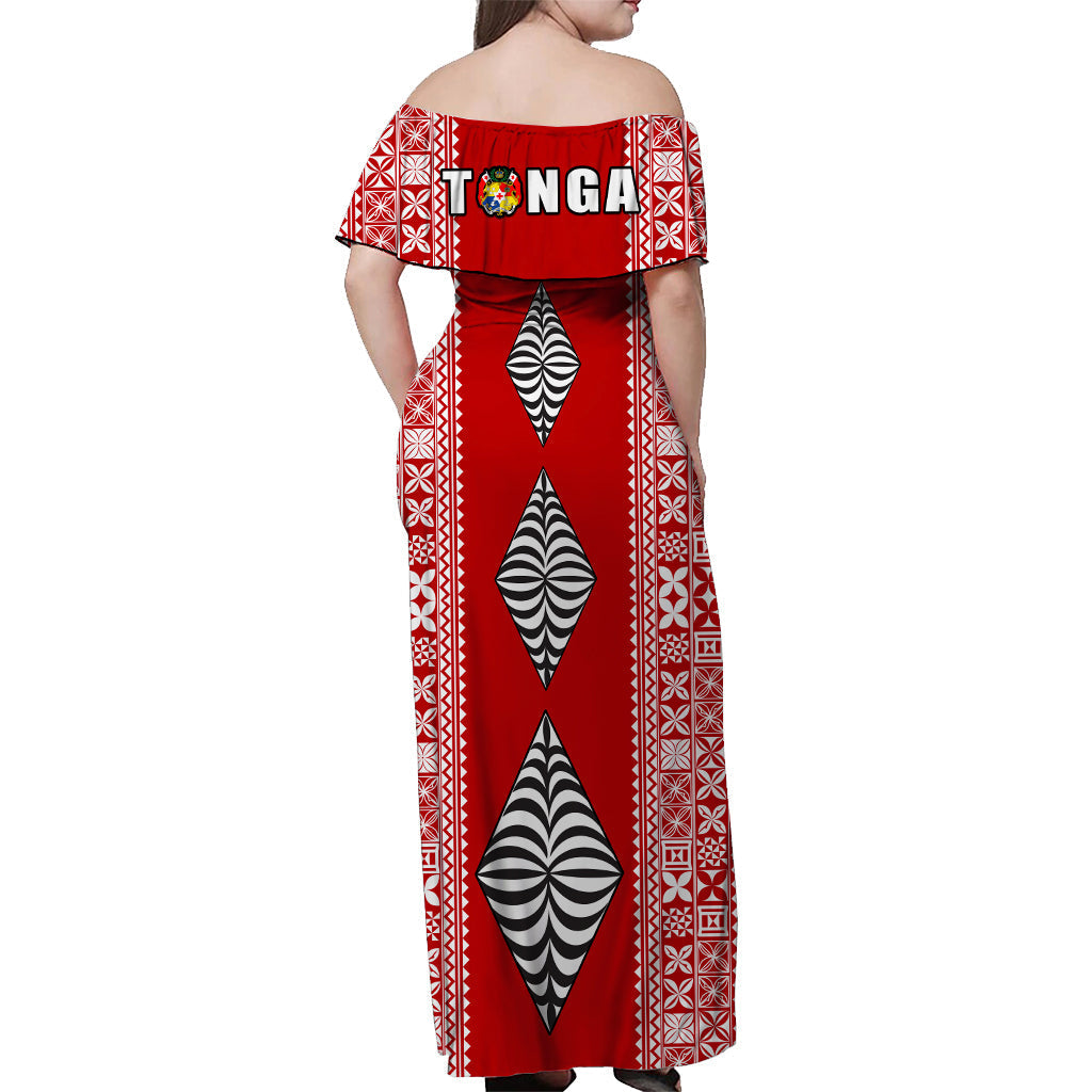 Red long off-shoulder dress, back view with 'Tonga' text and black striped diamond motifs