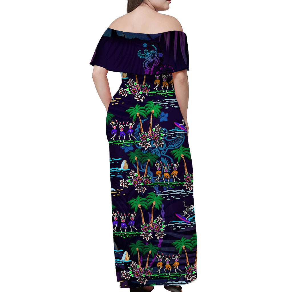 Off-shoulder long purple maxi dress with colorful island print, palms and dancing figures