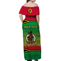 Off-shoulder long dress with red off-shoulder back and green-and-yellow "YOUR TEXT" print