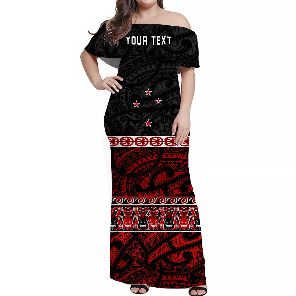 Women’s off-shoulder long dress in black with red Maori-style tribal print