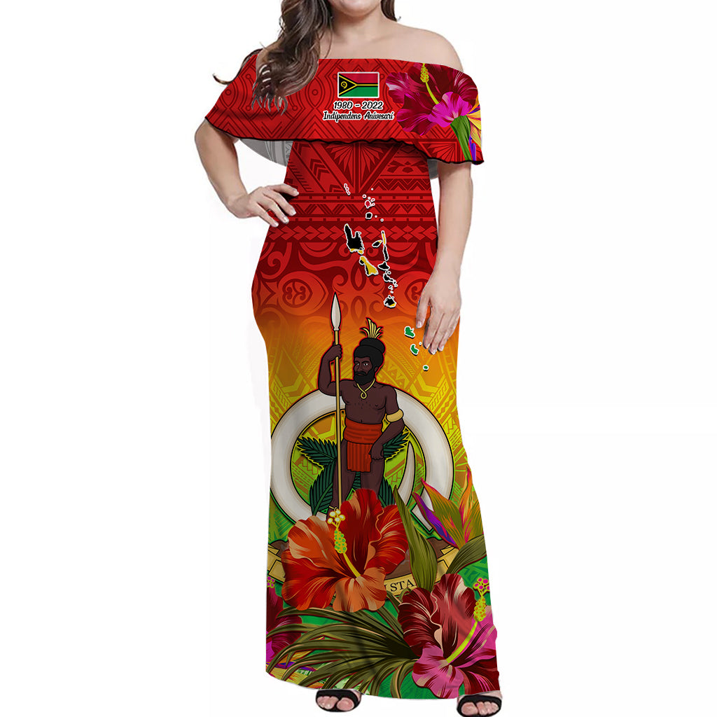 Red off-shoulder long dress with hibiscus florals and Polynesian pattern panel