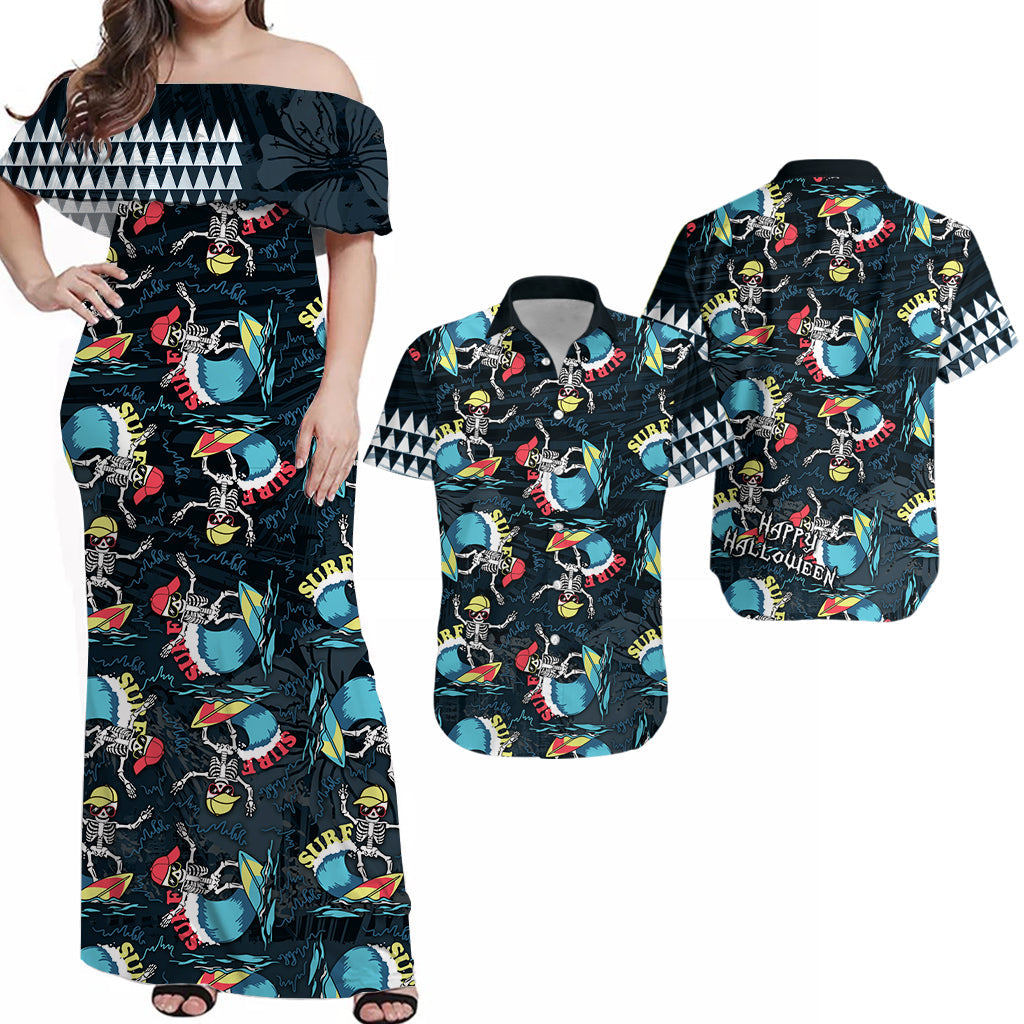 Black off-shoulder maxi dress with surf skeleton, sharks, and tribal surf print