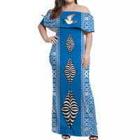 Women’s blue off-shoulder long dress with Tongan pattern panels and bird motif