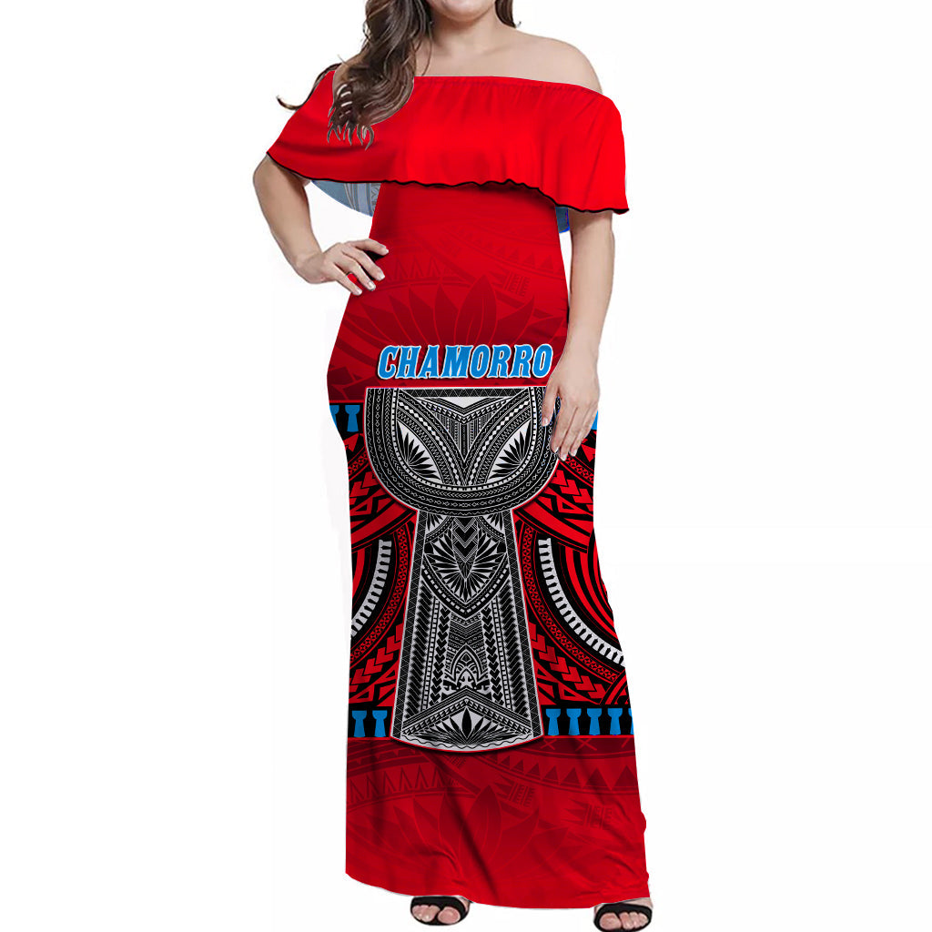 Red off-shoulder maxi dress with 'Chamorro' text and tribal blue/black/white print