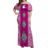 Purple off-shoulder long dress with bird and tribal diamond prints, wide sleeves